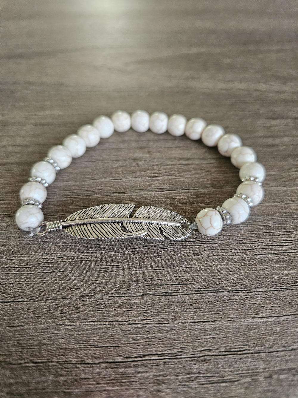 Beaded White Howlite Feather Stretch Bracelet